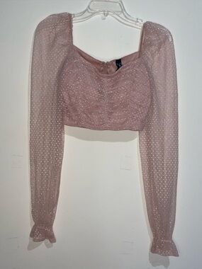 Windsor Baby Pink S Textured Polka Dot Full Zip Back Long Sleeve Crop Top Fairy
